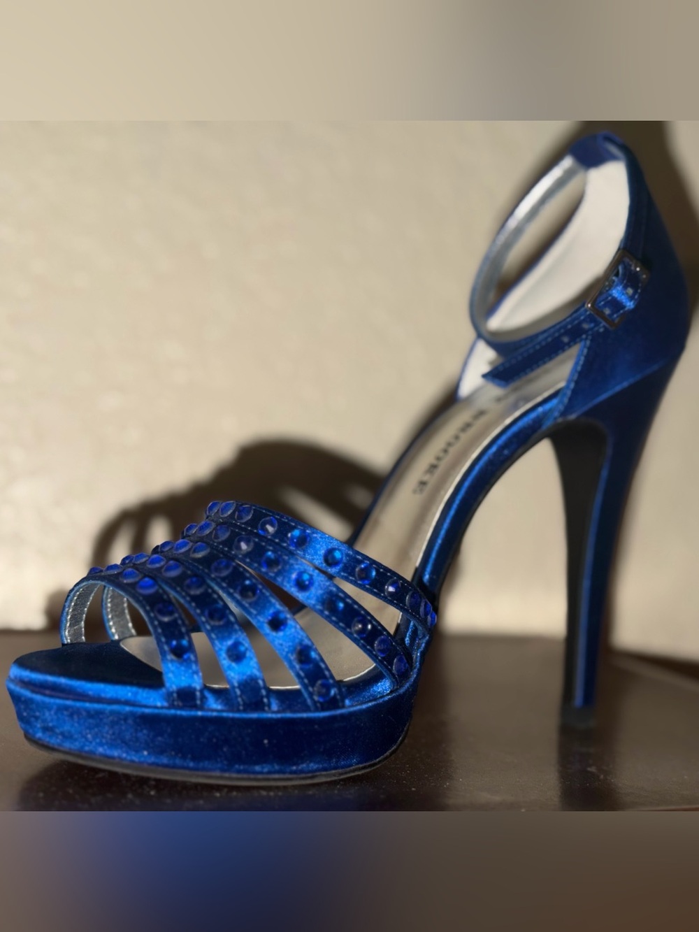 Blue Velvet Jeweled Platform Ankle-Strap High Heels - Audrey Brooke
